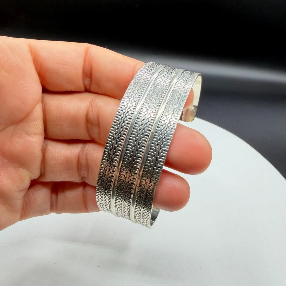 Silver Tone Wide Etched Cuff Bracelet Tribal Boho Textured Statement Jewelry